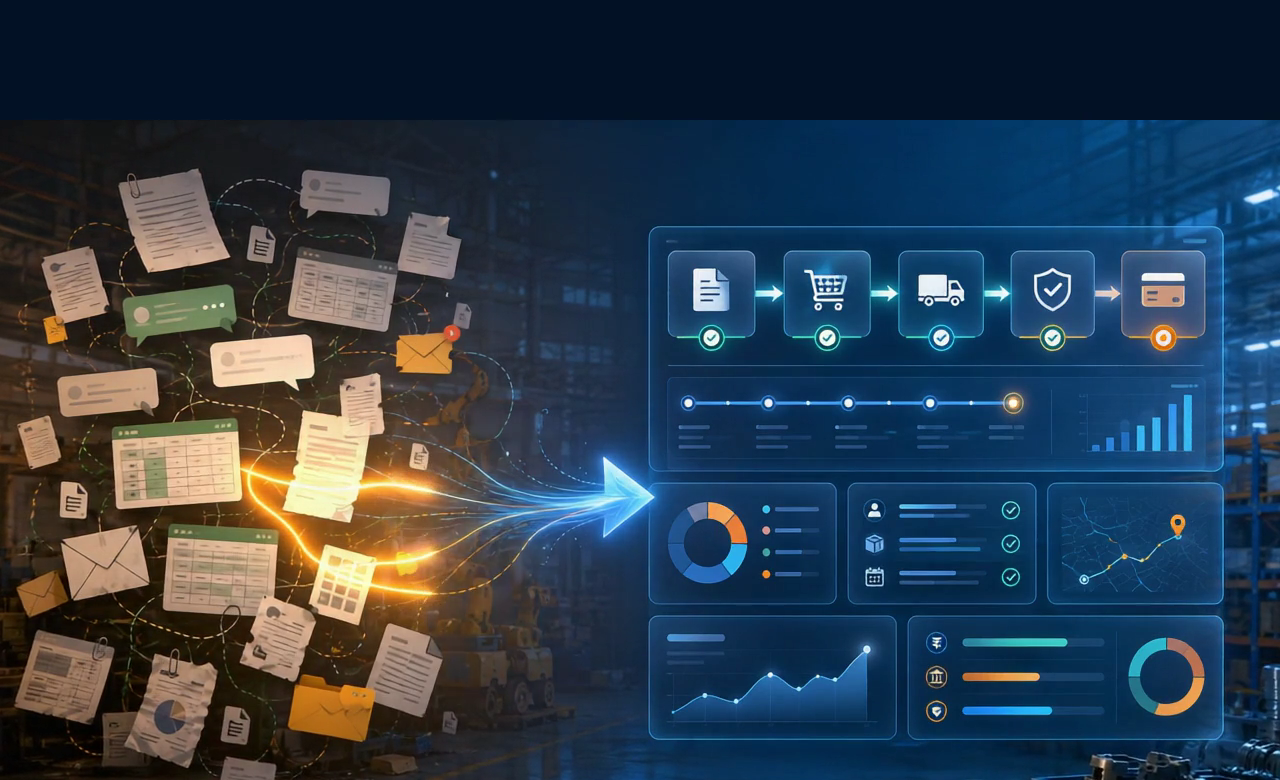 Workflow chaos — Excel, WhatsApp, email, paper — converging into the IndusArth TradeOps execution dashboard
