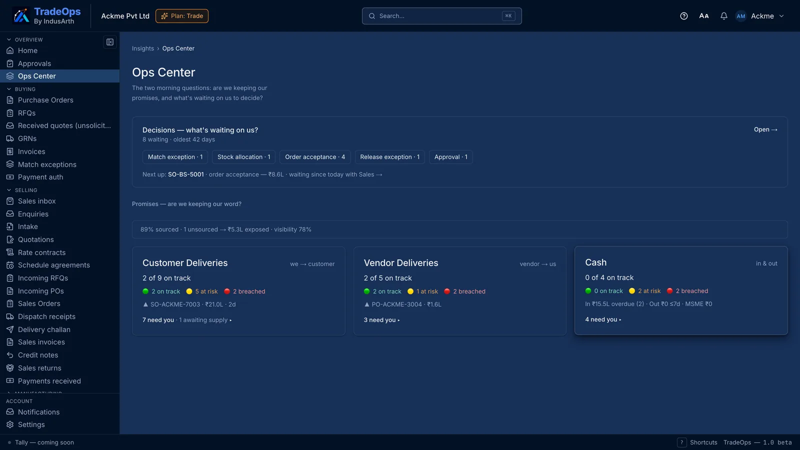 The live OpsCenter: pending decisions up top, then the three outcome cards — Customer Deliveries, Vendor Deliveries and Cash — each with on-track, at-risk and breached counts.